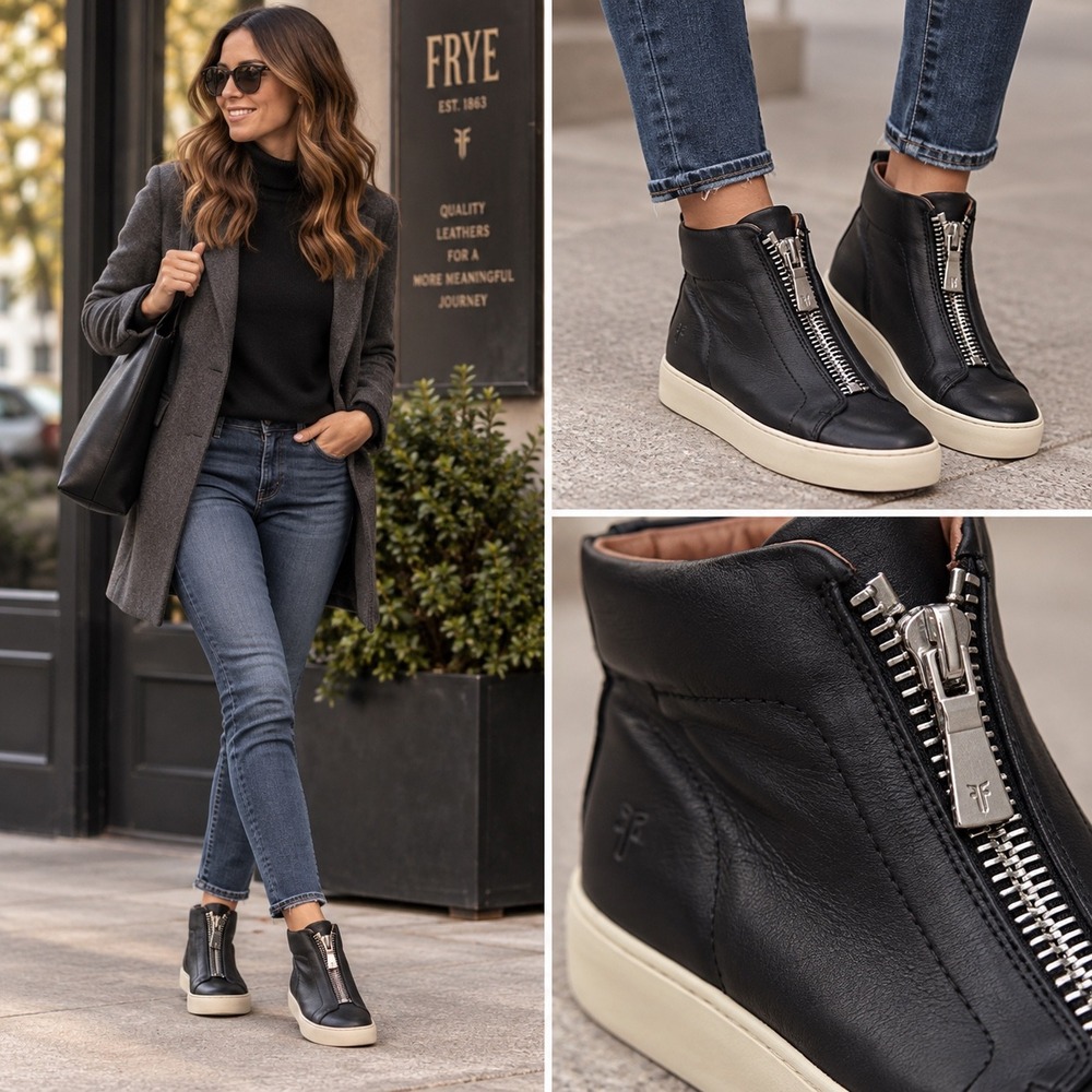 Frye Leather High Top Zip Sneakers Black Platform Casual Shoes